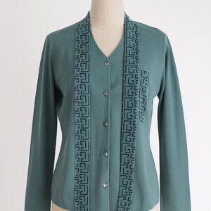 HLM XL Teal Green Button Front Jacket Unique Greek Key Geometric Embroidered